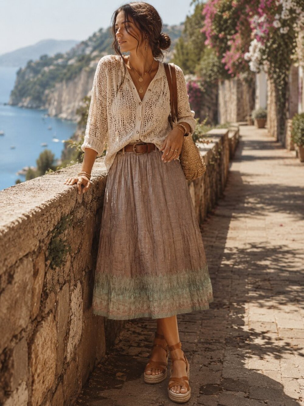 Free People Style Boho Crinkle Maxi Skirt | Coastal Cottagecore Neutral Midi Ski